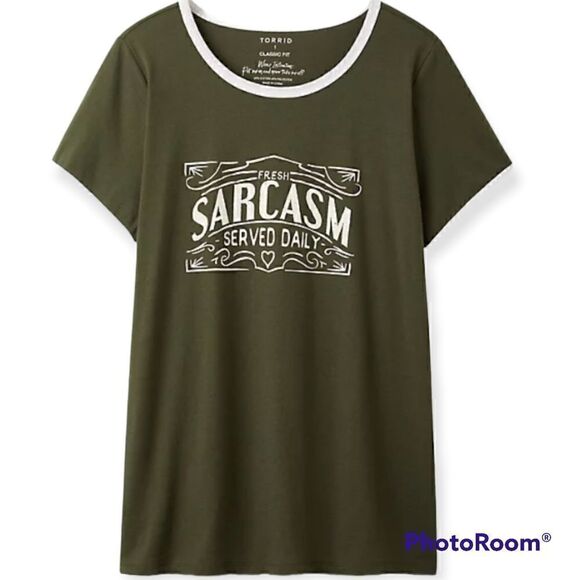 00X Medium 10W Torrid Olive Green Sarcasm Served Daily Ringer Tee Funny Gift - Picture 1 of 4